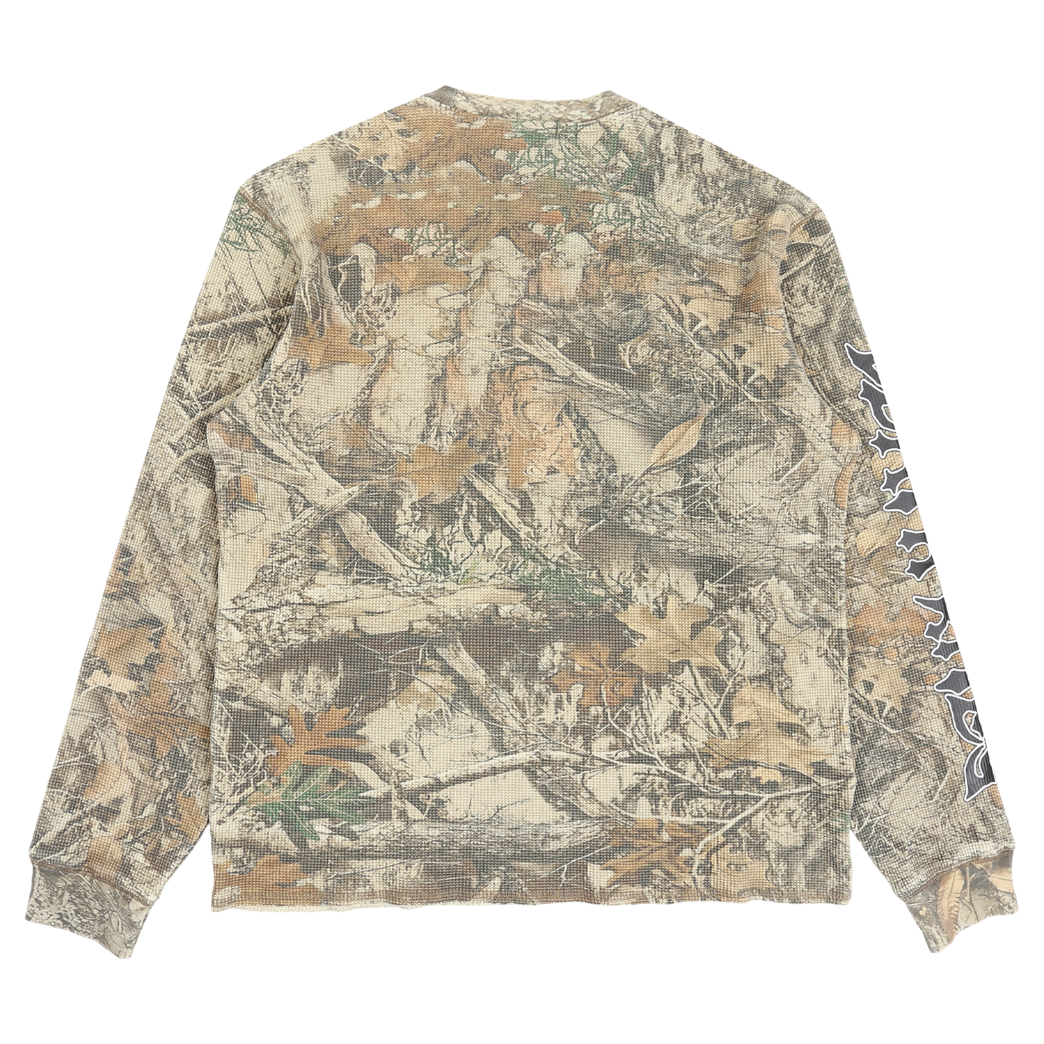 Script Sleeve Waffle Knit Crewneck Top - Tree Camo