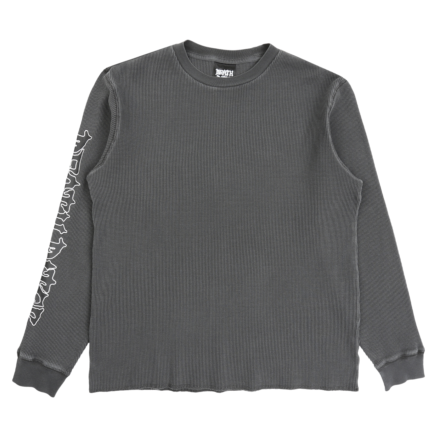 Script Sleeve Waffle Knit Crewneck Top - Black Garment Dyed