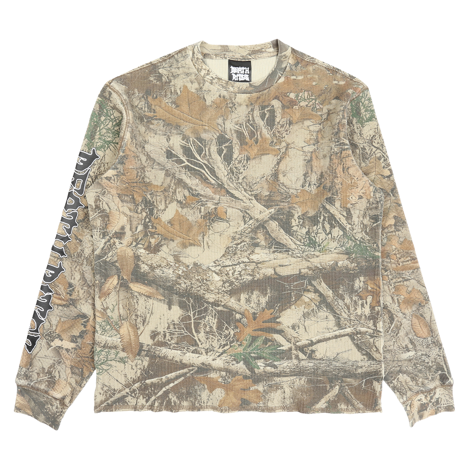 Script Sleeve Waffle Knit Crewneck Top - Tree Camo